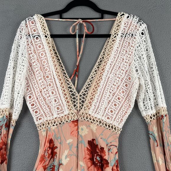 Selfie Leslie Dress Womens Small Floral Lace Boho Long Sleeve Crochet Trim Mini - Picture 7 of 15